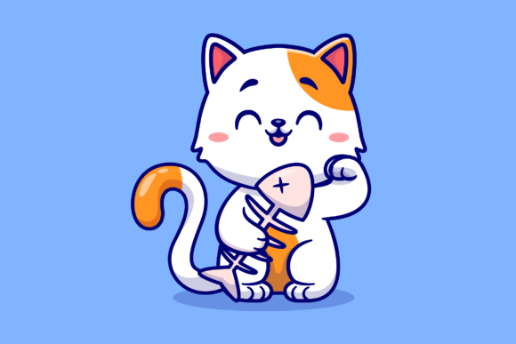 Download Cute Cat Holding Fishbone Cartoon - Holding Collection