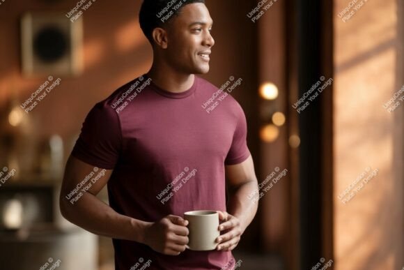 Download Man Wearing Maroon T Shirt Holding Mug I - Holding Collection